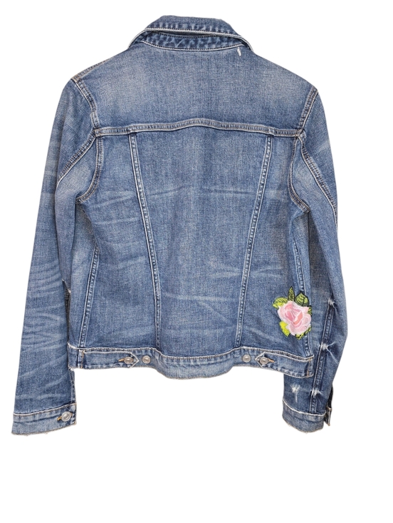 Hudson "The Classic" Distressed Denim Jean Trucker Jacket Rose Embroidery Size M - Picture 7 of 14